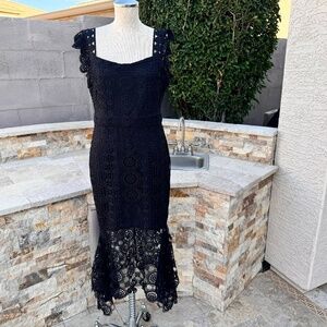 Lena Midi Dress Lace Flutter SweetHeart Women Size Large Black Grunge Morticia